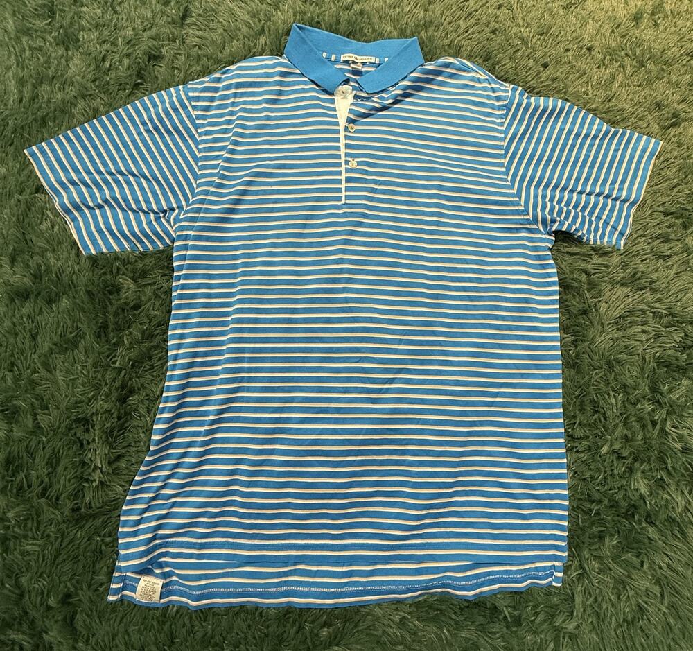 Peter Millar Men's L Blue White Striped 100% Cotton Polo Shirt Golf
